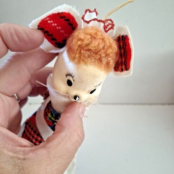 Flocked White Mouse Christmas Ornament 6" Plaid Apron Ears Vintage Taiwan - Picture 3 of 10
